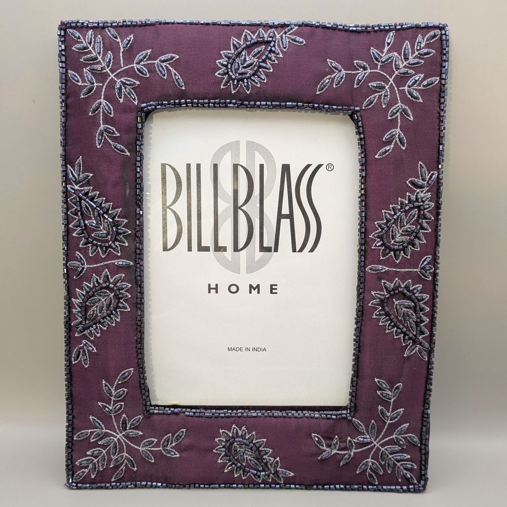 Vintage Bill Blass Purple Fabric Floral Paisley Beaded Frame Made in India 5x7